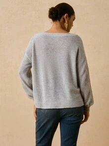 Travachic 大码休闲宽松露肩麻花针织毛衣，秋季保暖 - 淺灰色 - 查看 2