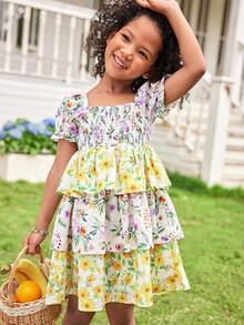 Joliand Joliand 1 件年轻女孩优雅都市可爱热带水果和橙色花朵图案荷叶边宽松连衣裙，适合聚会、郊游、婚礼、派对、夏季等场合 - 彩色 - 查看 5