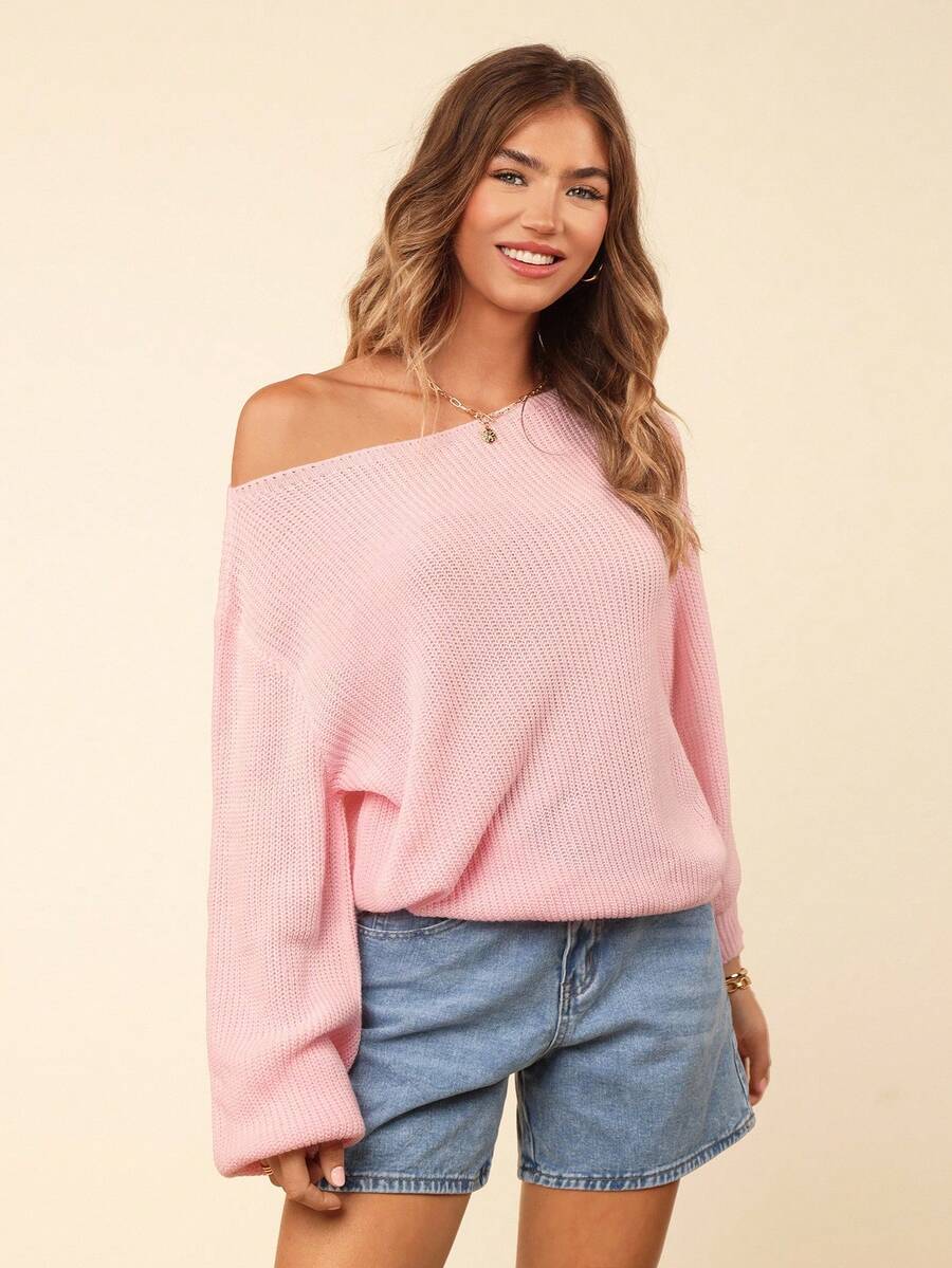 Coeurva 女士纯色不对称领长袖宽松休闲毛衣，秋冬季，长袖上衣 - 粉色 - 查看 1