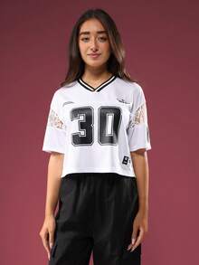 SUMWON Varsity Style Crop T-Shirt Jersey Number Lace Panel Teen Girls Back To School Casual Tee Fall Fashion Streetwear Oversized Number 30 Top - Black - View 3