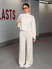 Sparklyn Teen Girl Casual Set: Solid Color Drop Shoulder Long Sleeve Sweater And Knit Pants, Autumn Co-Ord Set Girls Pants And Top Set Flare Pants Sets Teenagers Two Pieces Knit Set Sweater Pants Set Women Co-Ord Set Girls Fall Winter Co Ord Set Girls Women Two Pieces Set Sweatshirt Straight Pants Suit - Beige - View 4