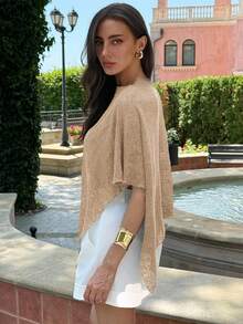 Aloruh 新款时尚杏色多功能针织提花镂空连体露背披肩领多穿度假风轻薄罩衫