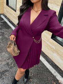 Calvaya Vestido envolvente plisado de unicolor elegante talla grande, adecuado para ir al trabajo - Morado - Ver 6