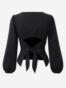 Tween Girls' Solid Color Round Neck Puff Sleeve Hollow Back Bowknot Waist Top, French Retro Elegant Versatile Blouse - Black - View 1