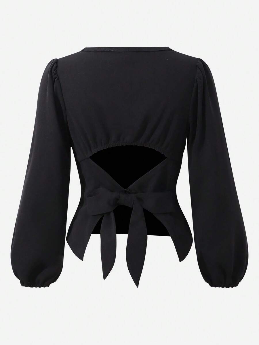 Tween Girls' Solid Color Round Neck Puff Sleeve Hollow Back Bowknot Waist Top, French Retro Elegant Versatile Blouse - Black - View 1