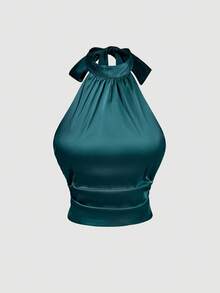 SHEIN MOD Olive Green Stand Collar Tie-Up Bow Backless Halter Top - Dark Green - View 5