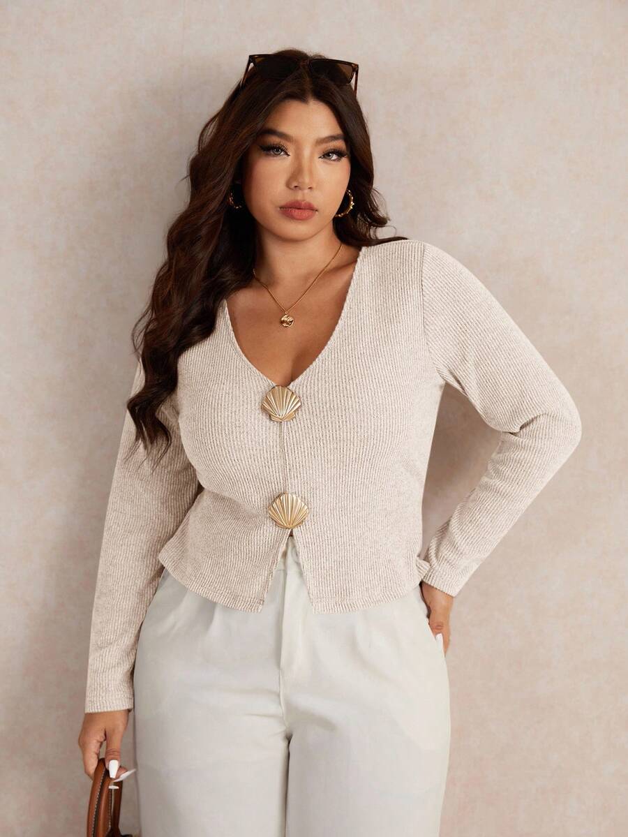Elaquor Plus Size Women Casual Basic Versatile Urban Chic Metal Buckle Decor Elastic Ribbed V-Neck Solid Color Long Sleeve T-Shirt, Autumn - Apricot - View 1