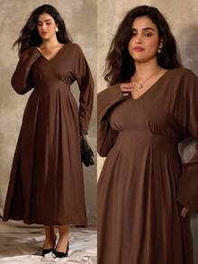 Flirla Women's Elegant Vintage V-Neck Ruffle A-Line Long Sleeve Midi Dress, Formal Office Commute Casual Vacation Afternoon Tea, Retro Teacher Middle Eastern Style Solid Color Fall Cloth For Women