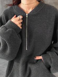 FRIFUL 女式宽松半拉链华夫格针织纯色金属拉链装饰T恤长袖上衣 - 灰色 - 查看 6