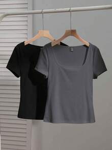 SHEIN EZwear 2 件女式方领短袖休闲修身性感 T 恤，黑色和深灰色，适合夏季 - 彩色 - 查看 1