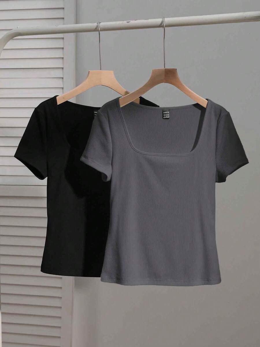 SHEIN EZwear 2 件女式方领短袖休闲修身性感 T 恤，黑色和深灰色，适合夏季 - 彩色 - 查看 1
