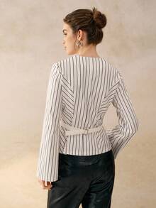 Cévolie 女式复古法式条纹圆领收腰长袖衬衫，秋冬