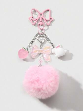 Kawaii 1 Stück süßer und modischer Harz Glitzer Schleife, Pfirsich, Hase, Herz Bommel DIY Schlüsselanhänger/Taschenanhänger, geeignet für Frauen, Mädchen, Alltagskleidung, Urlaubsgeschenk