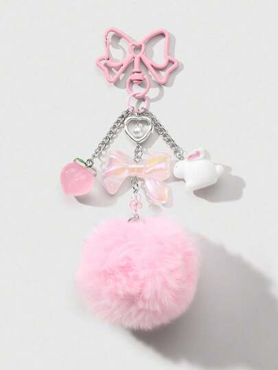 Kawaii 1 pieza Lindo y de moda Lazo de resina con brillo, Dije de pompón en forma de melocotón, conejo y corazón DIY para llavero/accesorio de bolso, adecuado para mujeres, niñas, uso diario, regalo de vacaciones