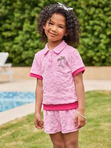 Joliand Joliand 2 Stücke Set für Kleine Mädchen, eleganter City-Stil, süße Urlaubs-Palmenstickerei, rosa kurzärmliges Poloshirt und Shorts, geeignet für Treffen, Reisen, Partys, Sommer. 2 Stücke Kinderkleidungsset für Kleine Jungen für den Sommer. Sommerkleidungsset für Kinder. Outfit-Sets für Kinder im Sommer. Sommerkleidung für Kinder. - Pink - Übersicht 3