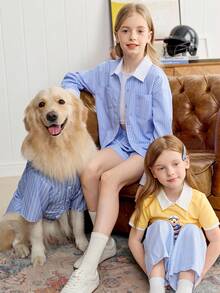 Joliand Joliand 1 件年轻女孩优雅城市学院风格可爱狗狗装饰蓝白条纹宽松裤，适合聚会、旅行、返校、派对、夏季和秋季 - 藍白色 - 查看 6