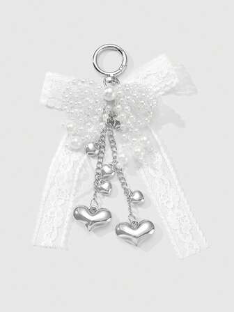 Kawaii 1pc Retro Handmade Beaded White Pearl, Pink & Black Lace Bow, Layered Chain With CCB Heart & Star DIY Keychain/Bag Charm, Stylish & Elegant, Suitable For Women/Girls, Great Gift
