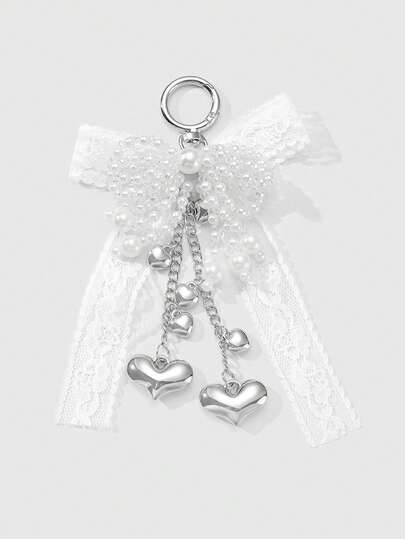 Kawaii 1 pezzo Portachiavi/ciondolo per borsa fatto a mano in stile retrò con perle bianche, fiocco in pizzo rosa e nero, catena a più strati con cuore e stella in CCB, elegante e di stile, adatto per donne/ragazze, ottimo regalo