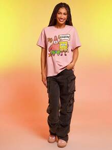 SpongeBob SquarePants | SHEIN 女式字母与卡通图案圆领短袖T恤 - 粉色 - 查看 3