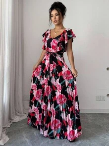 Elenzga Halloween V-Neck Digital Print Vacation Style Ruffle Waist A-Line Elegant Romantic Women Dress - Multicolor - View 5