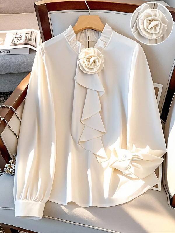 Regalyn Plus Size Women's Elegant Mandarin Collar Ruffle Trim Floral Tie Solid Satin Long Sleeve Blouse, Professional Commuter Wear Fall Cloth For Women