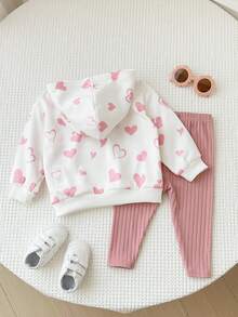 SHEIN 2pcs Baby Girl Autumn/Winter Cute Cartoon Cat Heart Pattern Hoodie Sweatshirt And Elastic Waist Pants Set Baby Girl Cat Clothes Baby Girl Clothes Set  Baby Girl Heart Print Clothes Toddler Girl Clothes Set Baby Girl Hooded Sweatshirt Set Autumn Clothes Winterclothes For Baby Fall Outfits Baby Hoodie - Multicolor - View 2