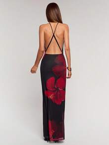 SHEIN BAE 女士时尚性感花卉印花低胸露背连衣裙 - 黑色 - 查看 8