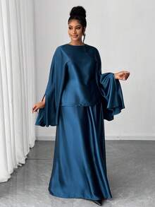 Maweii 大码优雅通勤纯色斗篷袖衬衫和加长裙两件套 - 藍色 - 查看 5