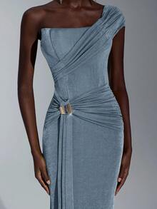 Elitara Elegant, Romantic, Sexy, Minimalist, Yellow-Green-Brown, Knitted Stretchy Fabric, Fishbone, Bust Cup, Fishtail Skirt Hem, Trailing, Fashionable, Influencer, Festival, Vacation, Birthday Party, Wedding Event, Formal Gala Dress - Dusty Blue - View 2