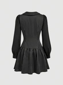 SHEIN MOD Women's Bubble Sleeve Striped Patchwork Button Design Ruffle Hem Mini Dress Black Dress With White Stripes Pinstripe Dress Collared Dress Dresses For Women Long Sleeve,Fall Clothes For Women,Shirt-Style 2 In 1 Dress,Black Dresses, Long Sleeve,A-Line - Black - View 3