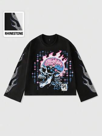 Goth Men's Oversized Short Graphic Tee With Rhinestone Embellished Flame Skull Diamond Sleeve Decor, Fall