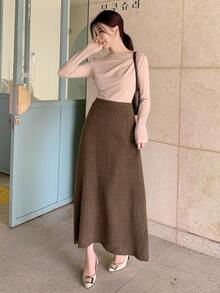 DAZY Falda de punto de unicolor casual para mujer, otoño/invierno - Marrón - Ver 7