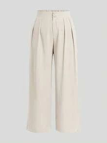 Elaquor Plus Size Women's Solid Color Pleated Wide Leg Casual Pants, Women's Trousers, Button, Zipper Trousers, Elastic Back Waist Trousers, Office Trousers For Women Spring To Summer - Apricot - View 3