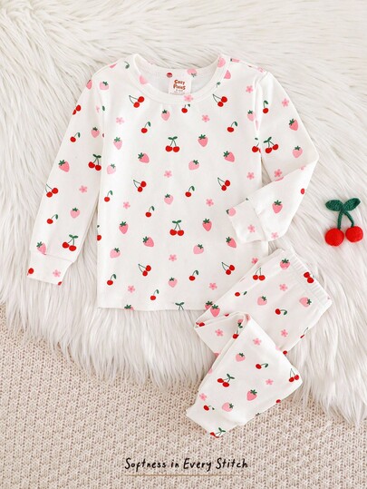 Cozy Pixies Newborn Baby Girl Snug Fit Pajama Set, Fruit Print Soft Knit Crew Neck Long Sleeve Top And Ankle Length Pants Fall Winter