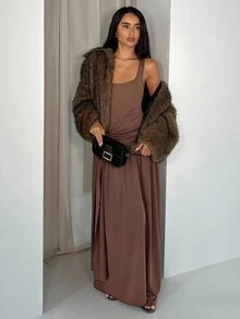 Glamine 棕色无袖露肩不对称褶皱长裙，女士生日服装，约会晚礼服，婚礼宾客礼服，音乐会服装，返校服装，初秋服装 - 咖啡 - 查看 4