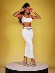 SHEIN 女士两件套 - 纯色细肩带背心和裙子 - 灰色 - 查看 4