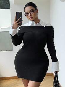 Dazy Plus Đầm len ngắn màu đen ôm sát, co giãn, gợi cảm, cỡ lớn dành cho nữ, mùa thu/đông - màu đen - Xem 3