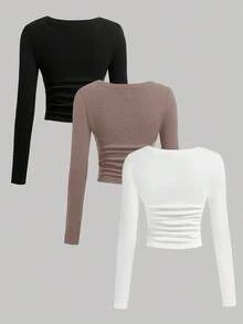 SHEIN EZwear 女式百搭彩色 V 领褶饰腰部保暖内衬长袖修身 T 恤，休闲百搭，冬季 - 彩色 - 查看 2