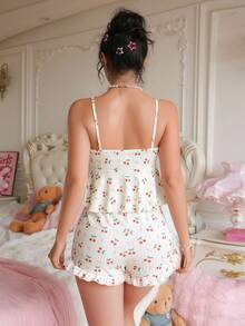 PetitDoll Cute Cherry Print Lace Ruffle Trim Camisole & Shorts Pajama Set 2 Piece Short Sets Woman