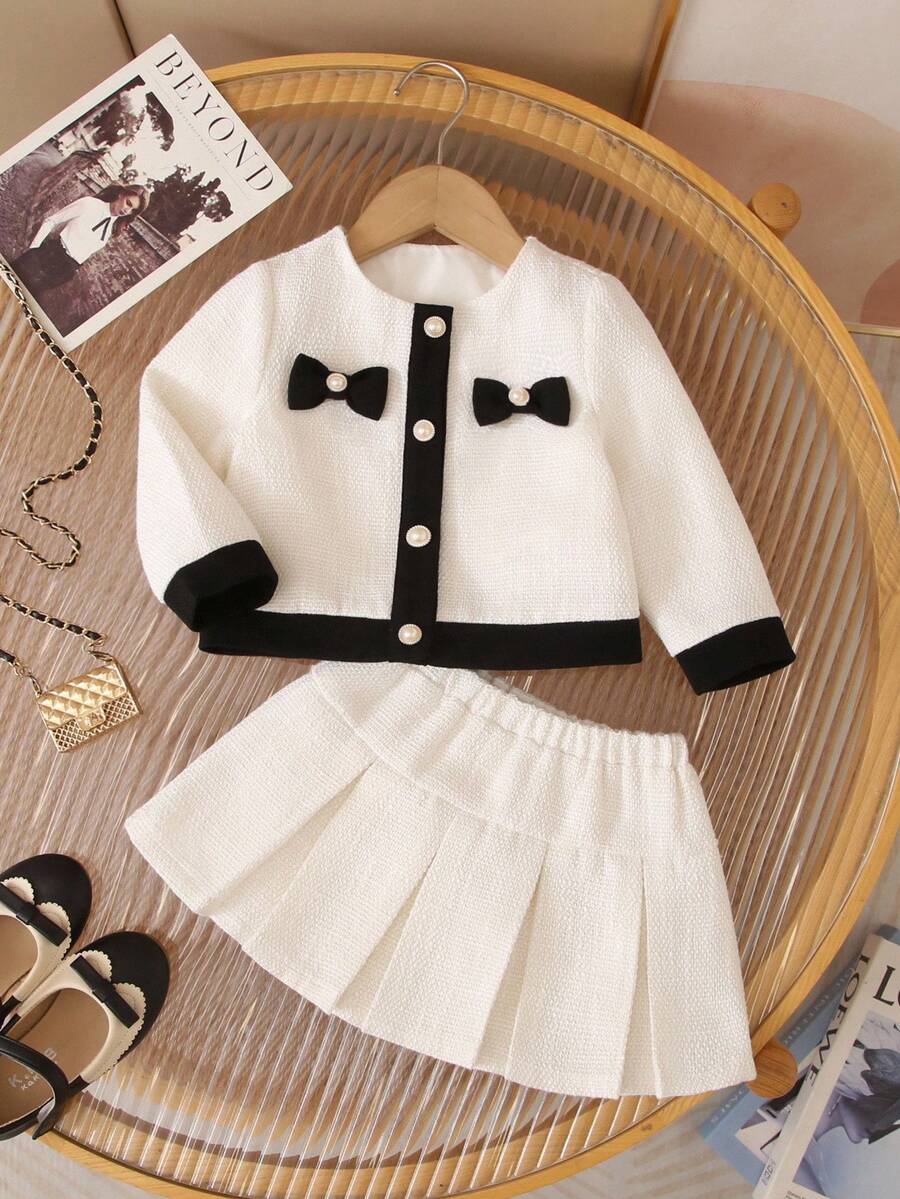 SHEIN 2件套 Babygirl 优雅粗花呢夹克和裙子套装 - 白色 - 查看 1