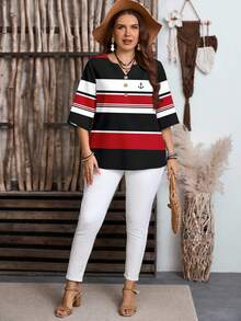 EMERY ROSE Plus Size Casual Striped Colorblock Black, White, Red Shirt, Suitable For Summer - Multicolor - View 3