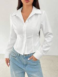 SHEIN EZwear Plus Size White Fitted Casual Shirt, Minimalist & Fashionable For Daily Wear - White - View 8