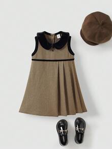 PrepCrw 1 件年轻女孩优雅学院风休闲都市可爱黑领黑黄千鸟格无袖连衣裙，适合外出、聚会、返校、秋冬 - 彩色 - 查看 2