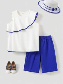 Joliand Joliand 2 件套青少年女孩优雅都市可爱白色荷叶边蓝色饰边衬衫和喇叭蓝色阔腿裤，适合外出、聚会、海滩、夏季 - 彩色 - 查看 1