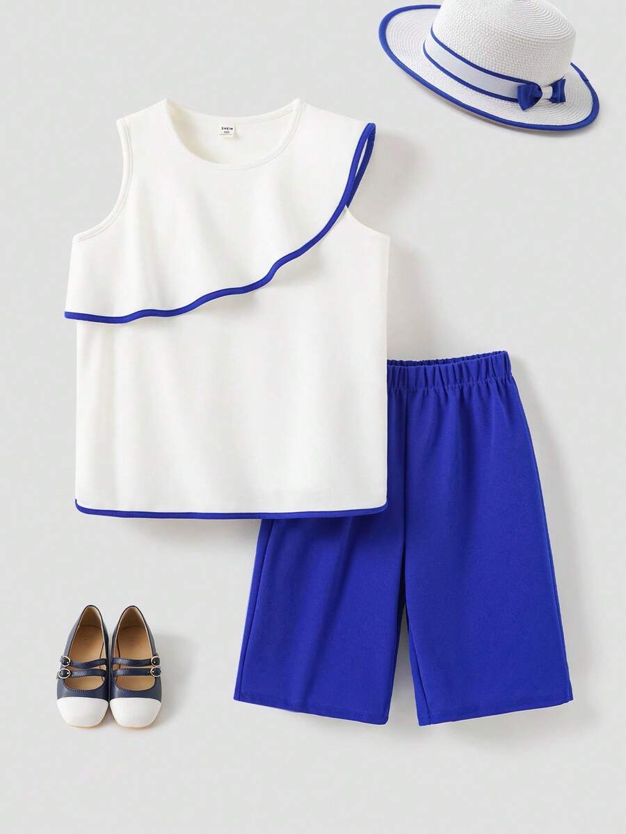 Joliand Joliand 2 件套青少年女孩优雅都市可爱白色荷叶边蓝色饰边衬衫和喇叭蓝色阔腿裤，适合外出、聚会、海滩、夏季 - 彩色 - 查看 1