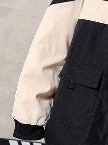 Tween Boy Contrast Color Zipper Collar Utility Pocket Jacket And Pants Casual Loose Suit, Autumn Fall Winter