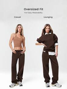 GLOWMODE 30" Pantalones de chándal de pierna ancha de felpa de uso diario con cintura ajustable con cordón y bolsillos laterales para uso casual diario - Marrón Chocolate - Ver 2