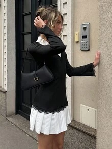 Pariaura 女式秋季性感紧身黑白蕾丝花边腰部收紧长袖迷你连衣裙 - 黑與白 - 查看 4