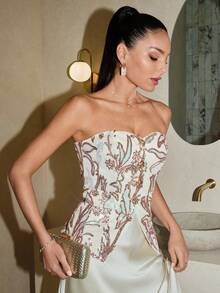 Lavishia 杏色花卉亮片抹胸派对上衣，适合秋冬新年圣诞派对，优雅亮片上衣 - 彩色 - 查看 4