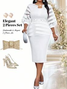 Fleurora 大码女式 3/4 袖上衣和裙子两件套，时尚优雅的秋冬优雅通勤办公室音乐会/音乐节酒会婚礼端庄卡其色针织圆领铅笔主教袖撞色领撞色网眼紧身连衣裙中长款七分袖大码连衣裙大码女式花卉提花灯笼袖荷叶边下摆修身优雅连衣裙冬装女式新年女装舞会礼服优雅派对礼服曲线派对礼服长款派对礼服闪光礼服白色礼服新年闪光礼服 - 白色 - 查看 1